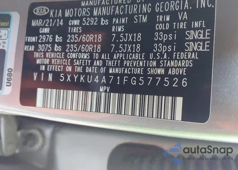 2015 Kia Sorento Ex V6 из США, поврежденный, VIN 5XYKU4A71FG577526